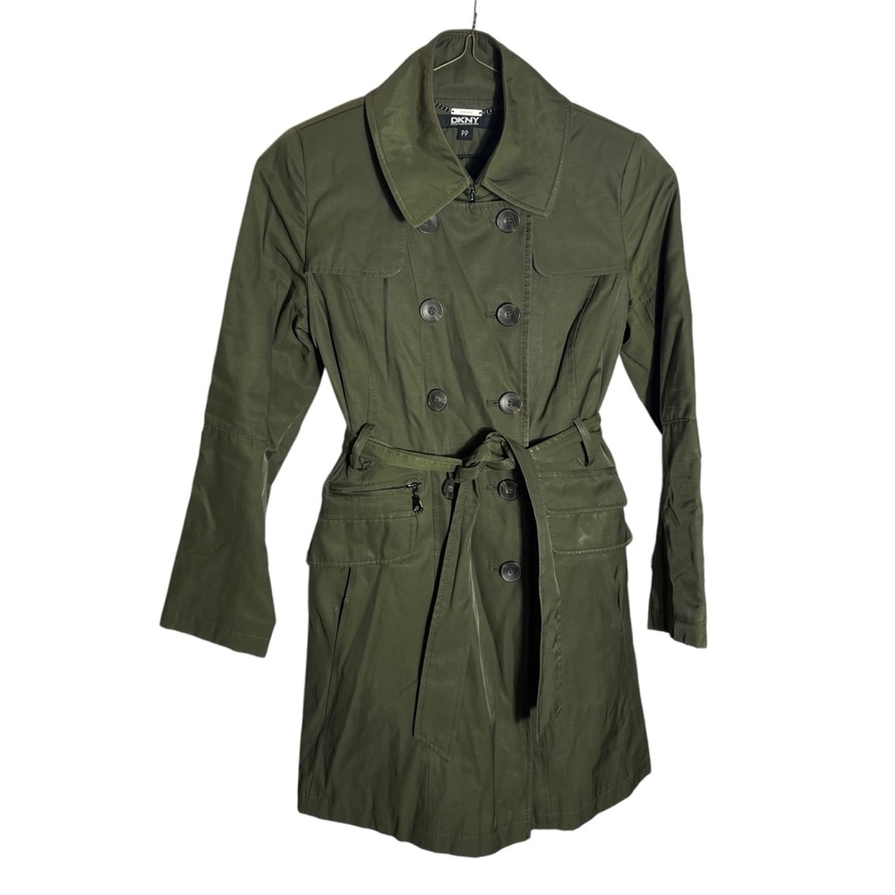 DKNY Olive Green Military Style Belted Trench Coat, Size PP (US 0-2 Petite)